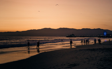 silhouettes of people on the beach at sunset
