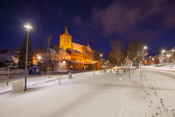 Obraz premium Urban lighting of the squares and the historic cathedral in the city of Olsztyn - Poland