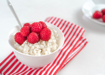 cottage cheese with raspberries on a white plate in a white bowl