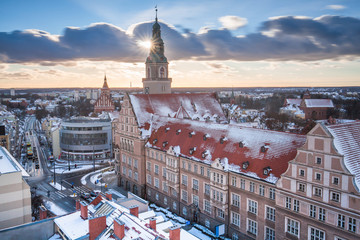 Olsztyn panorama with a view of the town hall, and the old town at sunset