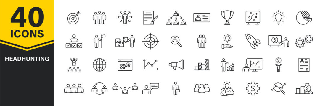 Set of 40 Headhunting web icons in line style. Skills, work, professional, employment, management, teamwork. Vector illustration.