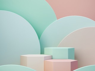 Pastel colors shapes on green pastel colors abstract background. Minimal  boxes podium. Scene with geometrical forms. Empty showcase for cosmetic product presentation. Fashion magazine. 3d render. 
