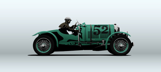 Retro car in vector with racer. Shown in side view with perspective.
