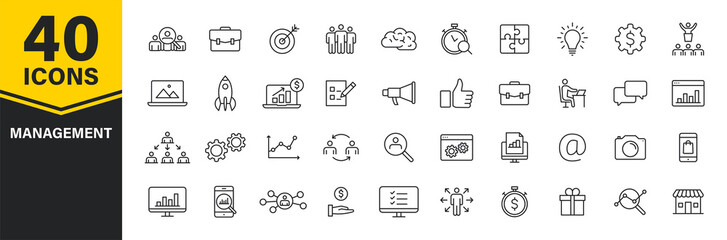 Fototapeta Set of 40 Management web icons in line style. Media, teamwork, business, planning, strategy, marketing. Vector illustration. obraz