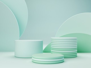 Pastel colors shapes on green pastel colors abstract background. Minimal  boxes podium. Scene with geometrical forms. Empty showcase for cosmetic product presentation. Fashion magazine. 3d render. 