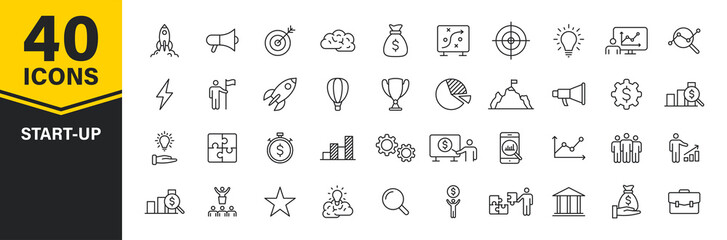 Set of 40 Start up web icons in line style. Creative, idea, target, innovation, business, marketing. Vector illustration.