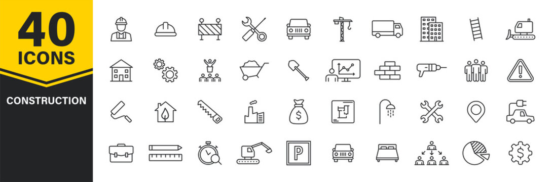 Set of 40 Construction web icons in line style. Building, engineer, business, road, builder, industry. Vector illustration.