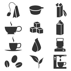 Office breakfast food, drink and snacks simple flat icons set isolated on white background. Icons of coffee and tea with snacks and cereals.