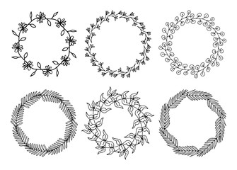 Set of six frames with black hand drawn wreath. Hand drawn simple line. Black stroke. Isolated on white background. Elegant and noble. Best for wedding design.