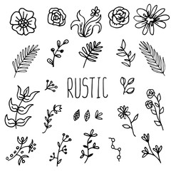 set of sketches and line doodle branches, hand drawn design elements, isolated flowers, leaves,
