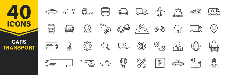 Fototapeta Set of 40 Cars and transport web icons in line style. Airplane, bus, parking, travel, train, comfortable. Vector illustration. obraz
