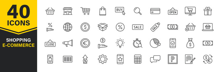 Set of 40 E-commerce and shopping web icons in line style. Mobile Shop, Digital marketing, Bank Card, Gifts. Vector illustration.