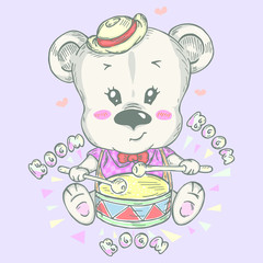 Illustration with cute teddy bear with drum. Can be used for baby t-shirt print, fashion print design, kids wear, baby shower celebration greeting and invitation card.