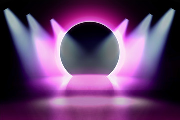 Pink neon round frame. Luminous swirling bunner. Glowing spiral. Light Ring background. Abstraction geometric neon circle. Shine LED ellipse 3D illustrator