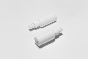 Cosmetic Or Hygiene Spray Dispenser Pump Plastic Bottles on white background.Top view.High resolution photo.
