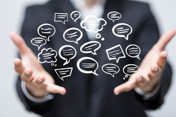 Digital icons with colorful dialog speech bubbles.