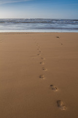 Footprints in the sand of Atlantic ocean beach
