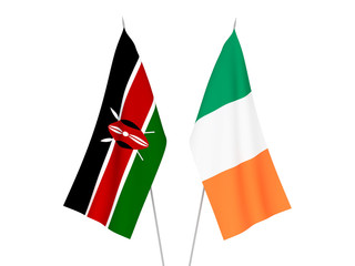 National fabric flags of Ireland and Kenya isolated on white background. 3d rendering illustration.