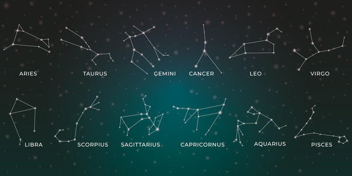 Zodiac constellations. Horoscope and astrology line symbols on dark background, zodiac celestial design elements. Vector illustration astronomy map sky star set on backdrop of space
