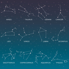 Zodiac constellations. Horoscope and astrology line symbols on dark background, zodiac celestial design elements. Vector illustration astronomy map sky star set on backdrop of space