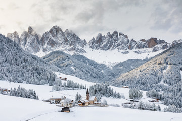  Santa Maddalena village in Val di Funes one of the most beautiful valleys Dolomite in the winter - obrazy, fototapety, plakaty