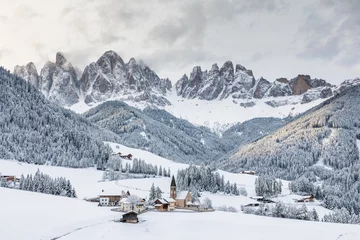 Papier Peint photo Dolomites  Santa Maddalena village in Val di Funes one of the most beautiful valleys Dolomite in the winter