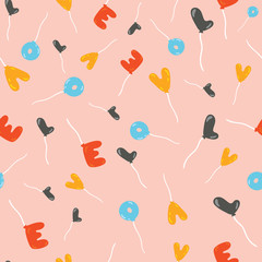 Fototapeta na wymiar Lovely childish seamless pattern with with flying colourful balloons in the shape of love lettering, alphabet. Hand drawn vector. Cheerful pattern.