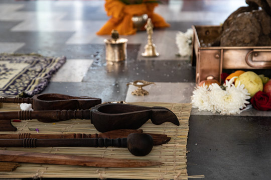 items for the Indian Yajna ritual. Indian Vedic fire ceremony called Pooja. A ritual rite, for many religious and cultural holidays and events in the Indian tradition. Hindu wedding vivah Yagya