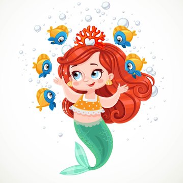 Cute little mermaid girl in coral tiara talking with fish among air bubbles isolated on white background