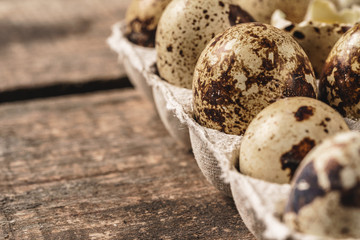 Quail eggs in cardboard box.