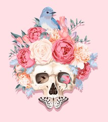 Vector illustration with human skull and flowers