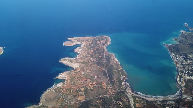 Malta island from above, bay. View from aircraft. Europe. Mediterranean sea