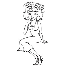 cute woman in a big wreath of different flowers, outline drawing, isolated object on a white background,