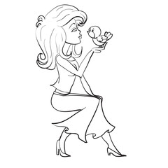 young woman with long hair and in trousers holds a bribe in her hands, drawing in outline, isolated object on a white background,