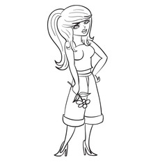 young girl with ponytail hair standing with a flower in her hands and waiting for someone, vector clip art, isolated object on white background,