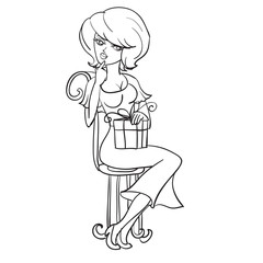girl sitting on a chair and thoughtfully holds on his knees a box tied with a bow, gift, outline drawing, isolated object on a white background,