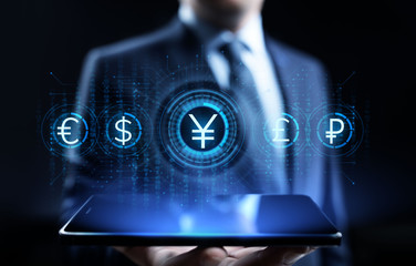 Yen currency sign icon on virtual screen. Forex trading business technology concept.