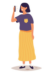 Cute smiling woman with gadget. Young woman talking on the cellphone. Flat cartoon character isolated on white background. Vector cartoon illustration