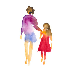 Hand drawn watercolor illustration: group of people. Two people hold hands, woman and girl, mother and daughter