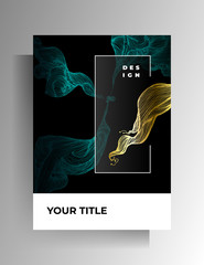 Design template cover, poster. Hand-drawn graphic gold and turquoise elements on a black background. Vector 10 EPS.