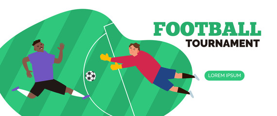 football tournament championship soccer players and goalkeeper with ball web banner vector illustration