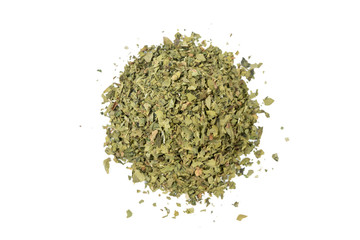 Fototapeta na wymiar dried lovage herb heap of isolated on white background. front view. spices and food ingredients
