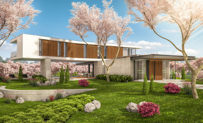 3d rendering of modern cozy house on the hill with garage and pool for sale or rent. Fresh spring day with a blooming trees with flowers of sakura on background.