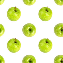 Seamless pattern of fresh green apples top view isolated, white background, granny smith apple repeating ornament, tasty juicy ripe fruits backdrop, natural healthy diet food concept, summer wallpaper