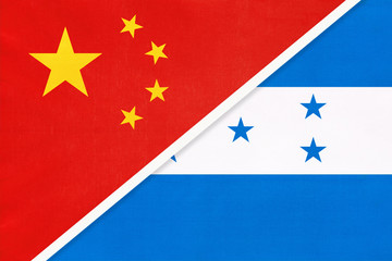 China or PRC vs Honduras national flag from textile. Relationship between asian and american countries.