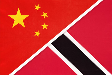 China or PRC vs Trinidad and Tobago national flag from textile. Relationship between asian and american countries.