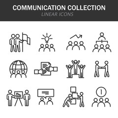 Communication collection linear icons in black on a white background