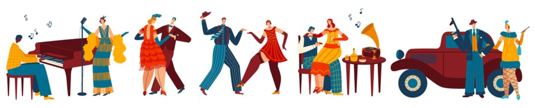 Dancing People In Retro Style, Gangster Party Vector Illustration. Cartoon Characters In Art Deco Fashion, Dancers And Singer At Restaurant. Men And Women Dance To Jazz Music, Mafia Style Party