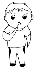 A cute teen boy pondered. Vector hand drawn illustration