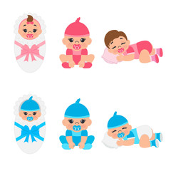 Newborn boy and  girl, set. Cute little baby in swaddle blanket, sitting, sleeping. Vector illustration can use for  banners, poster, flyer, scrapbooking.